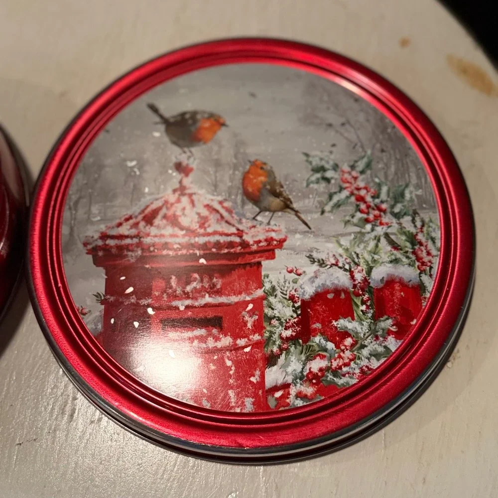 Round Christmas Tin Red Mailbox Robin Snow Holiday Storage Container